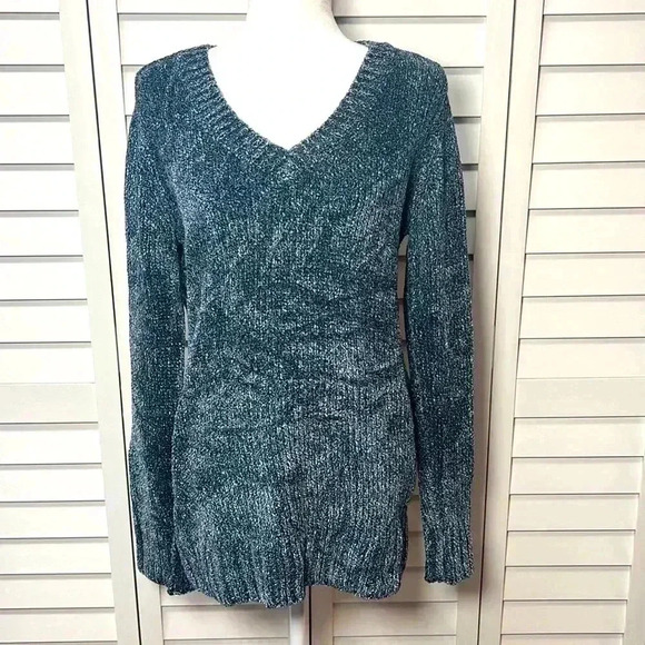 Orvis V-Neck Chenille Tunic Sweater Size Medium Marled Navy - Picture 2 of 8